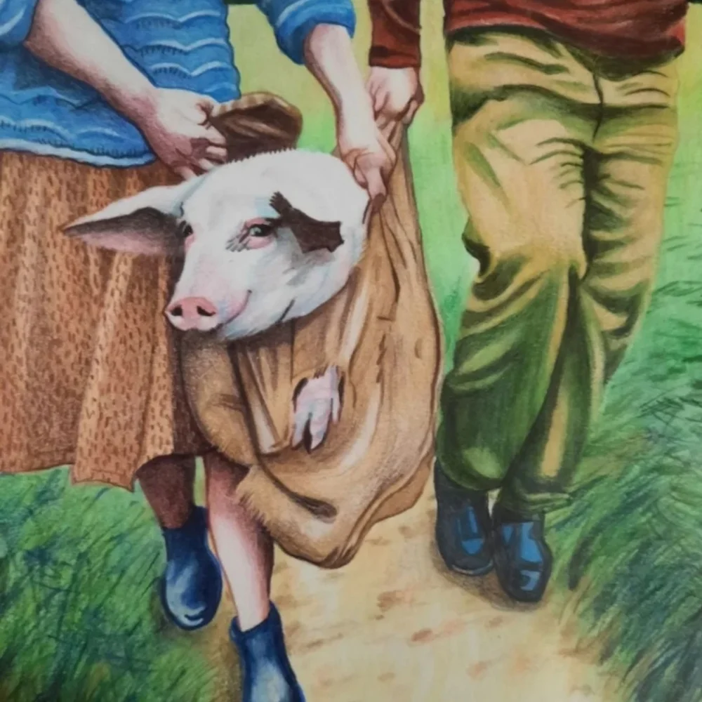 Original framed art Pig in a Poke realistic
